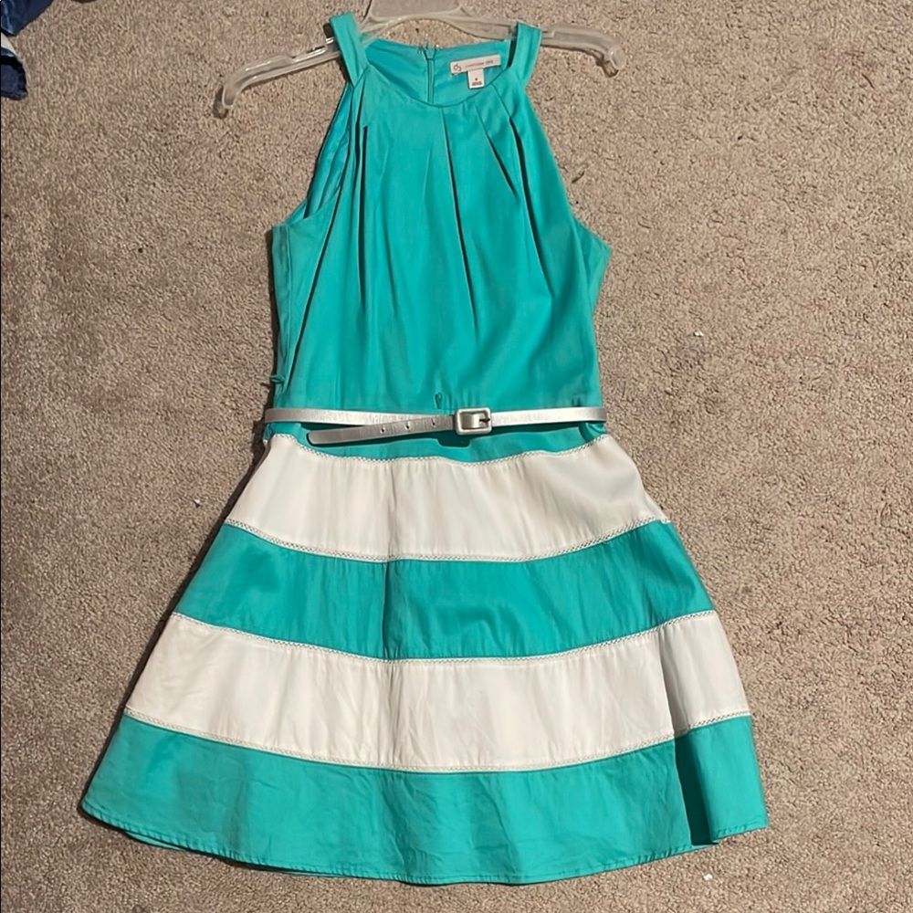 Teal and White Sleeveless Dress with Belt - Size 6